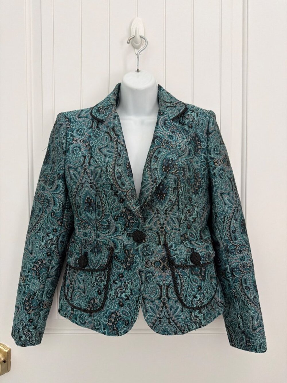 Hanna & Gracie Paisley Jacket Size 4 Black & Teal Textured Blazer